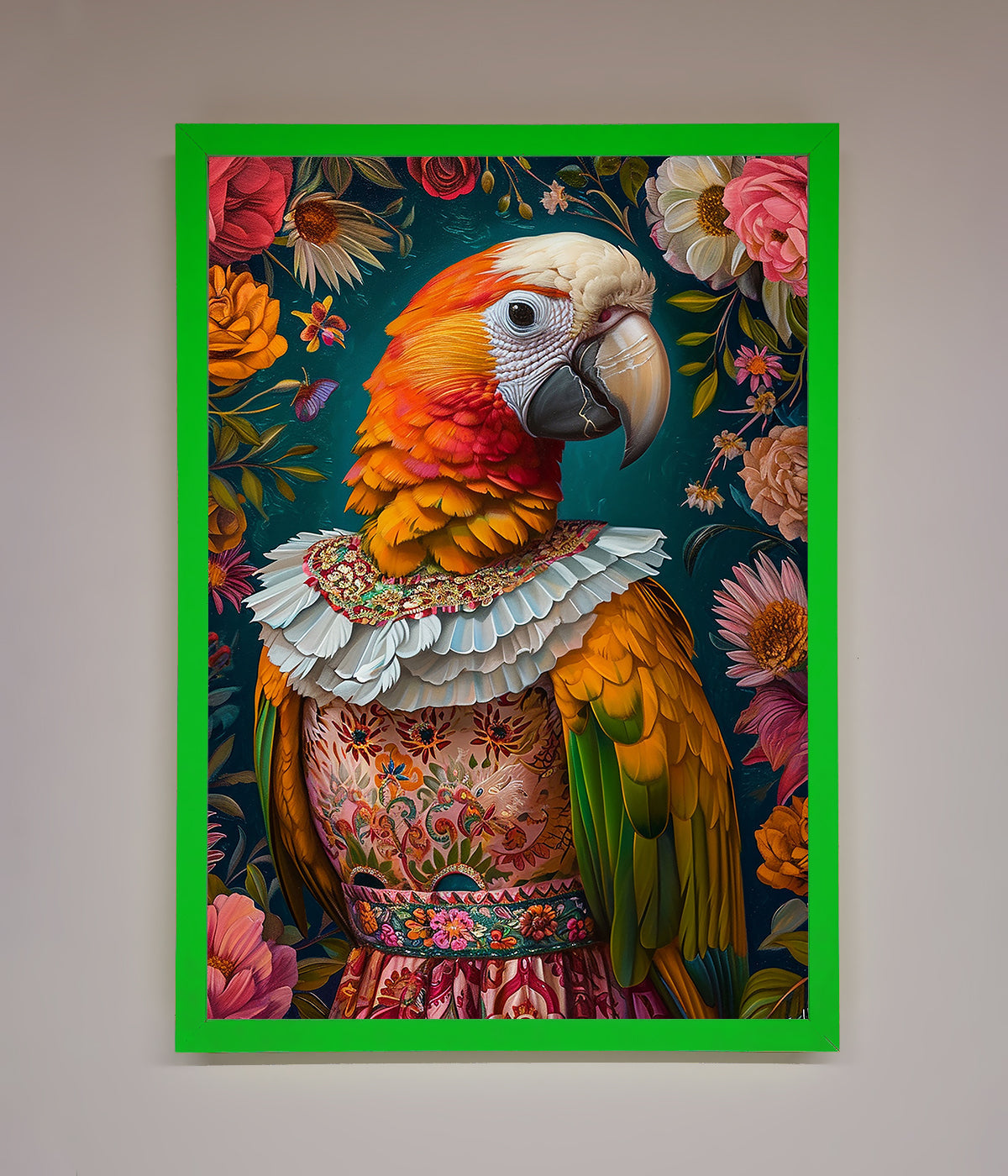 Premium Parrot Renaissance Stare Framed Wall Art, classic elegant vibrant colorful home decor, luxury customizable artwork for living room or office by Zestio at brixbailey.com