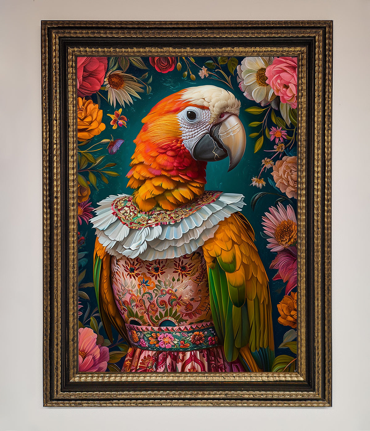 Luxury Parrot Renaissance Stare Framed Wall Art, premium classic elegant vibrant decor, best-selling customizable timeless artwork by Zestio at brixbailey.com