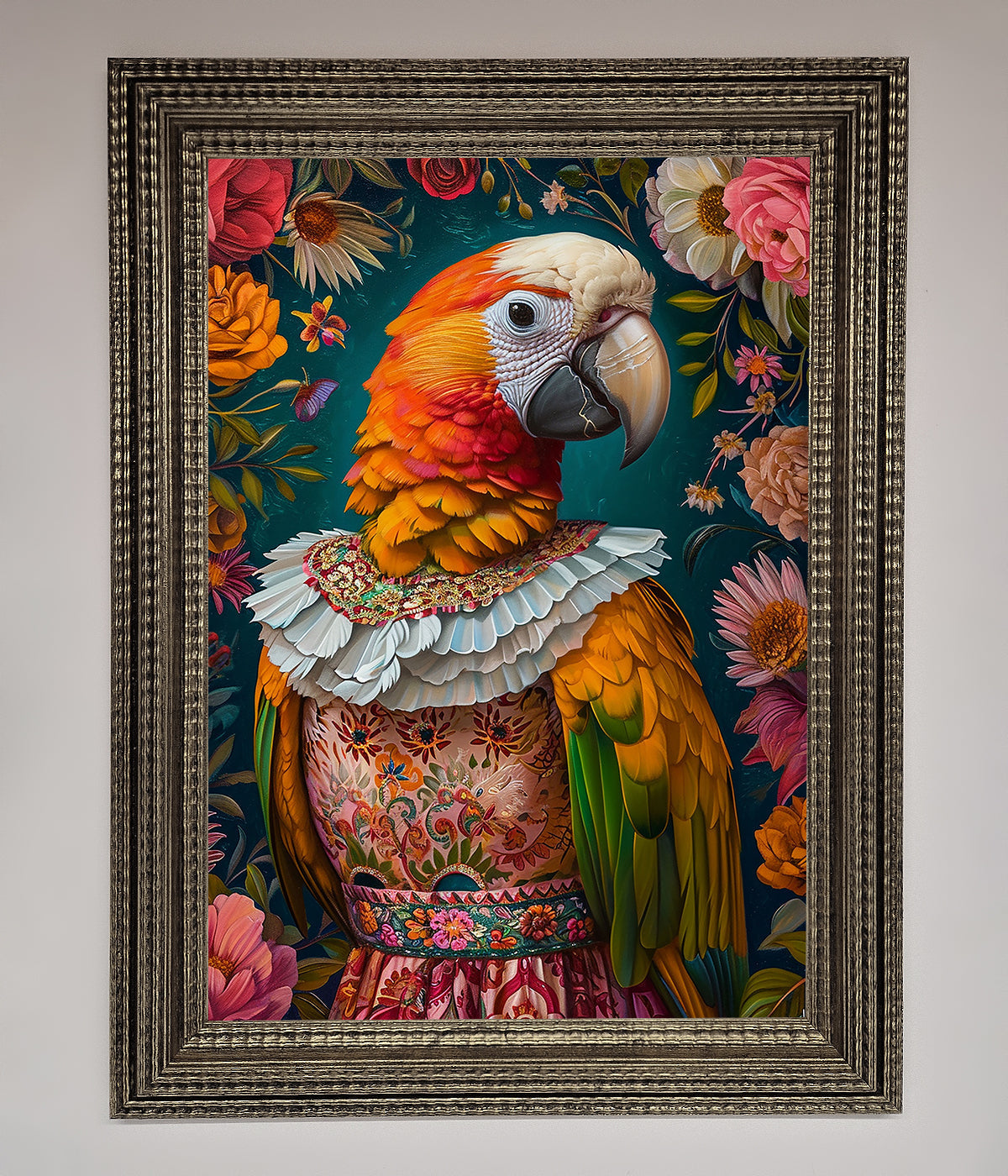 Premium Parrot Renaissance Stare Framed Wall Art, classic elegant vibrant colorful decor, luxury handcrafted timeless artwork by Zestio at brixbailey.com