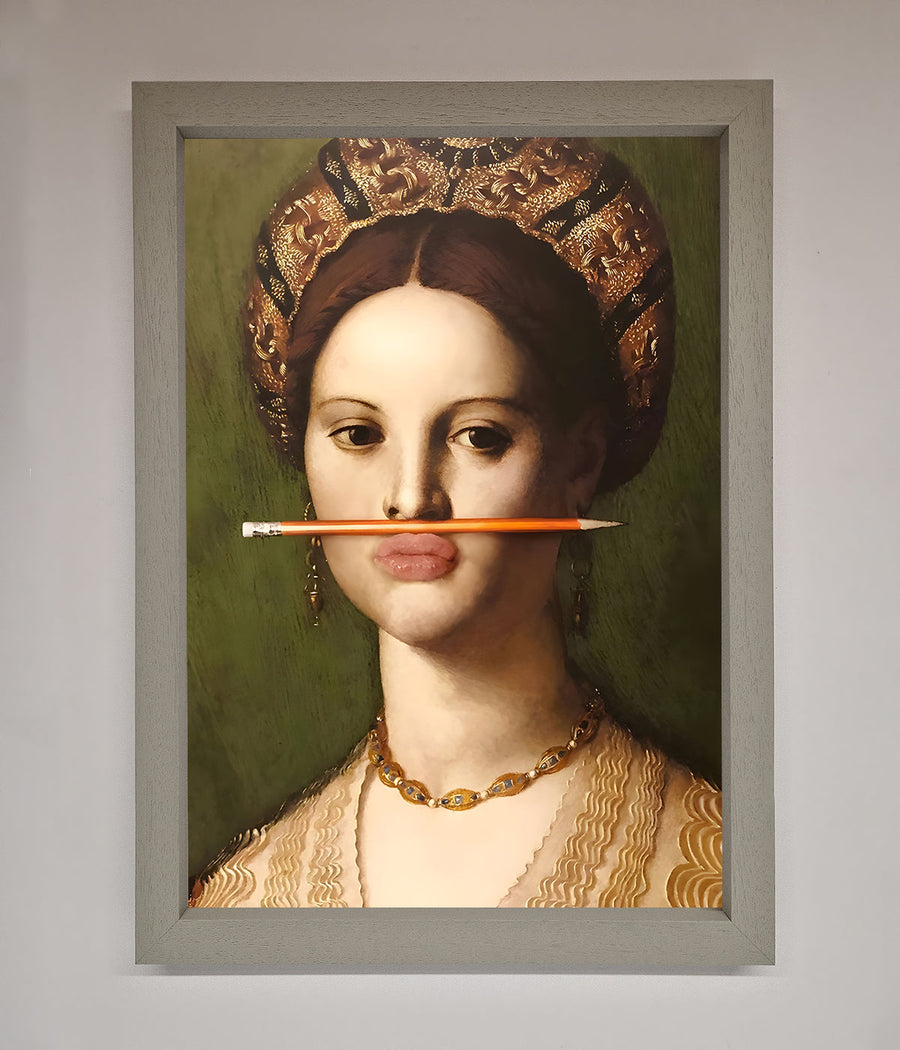 Pencil on lips renaissance framed print, luxury vintage art, stylish classic portrait, premium wall decor by Zestio at brixbailey.com