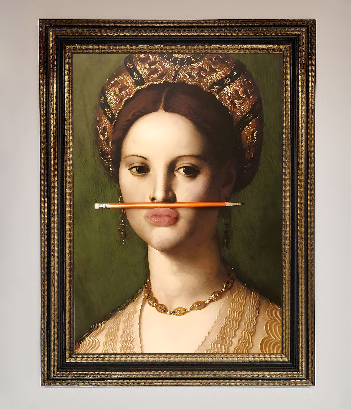 Luxury renaissance pencil on lips framed print, stylish vintage art decor by Zestio at brixbailey.com