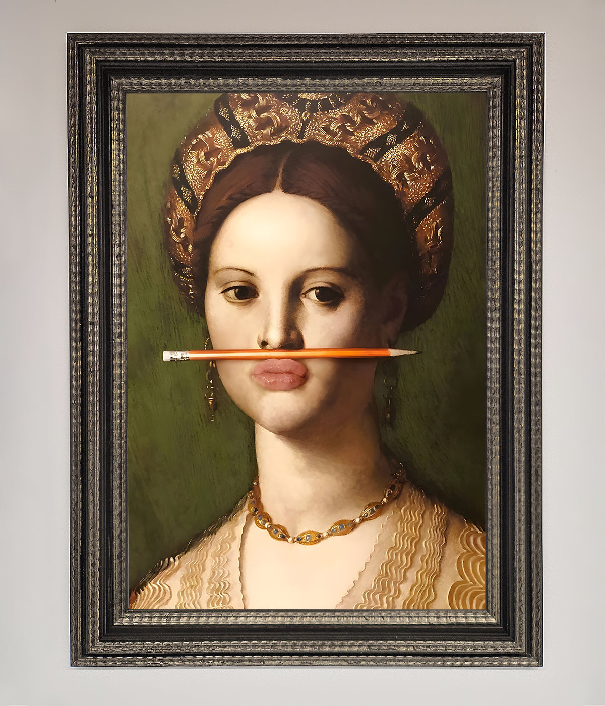 Luxury renaissance pencil on lips framed print, premium stylish wall art decor by Zestio at brixbailey.com
