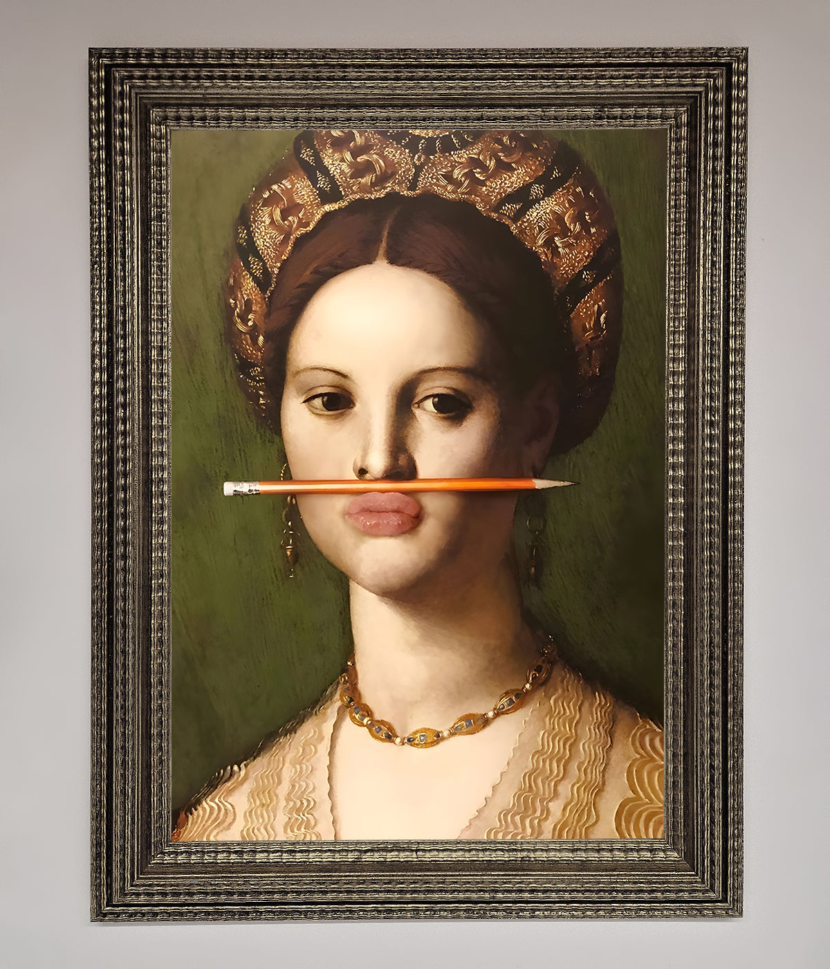 Pencil on lips renaissance framed print, stylish vintage art, premium wall decor by Zestio at brixbailey.com