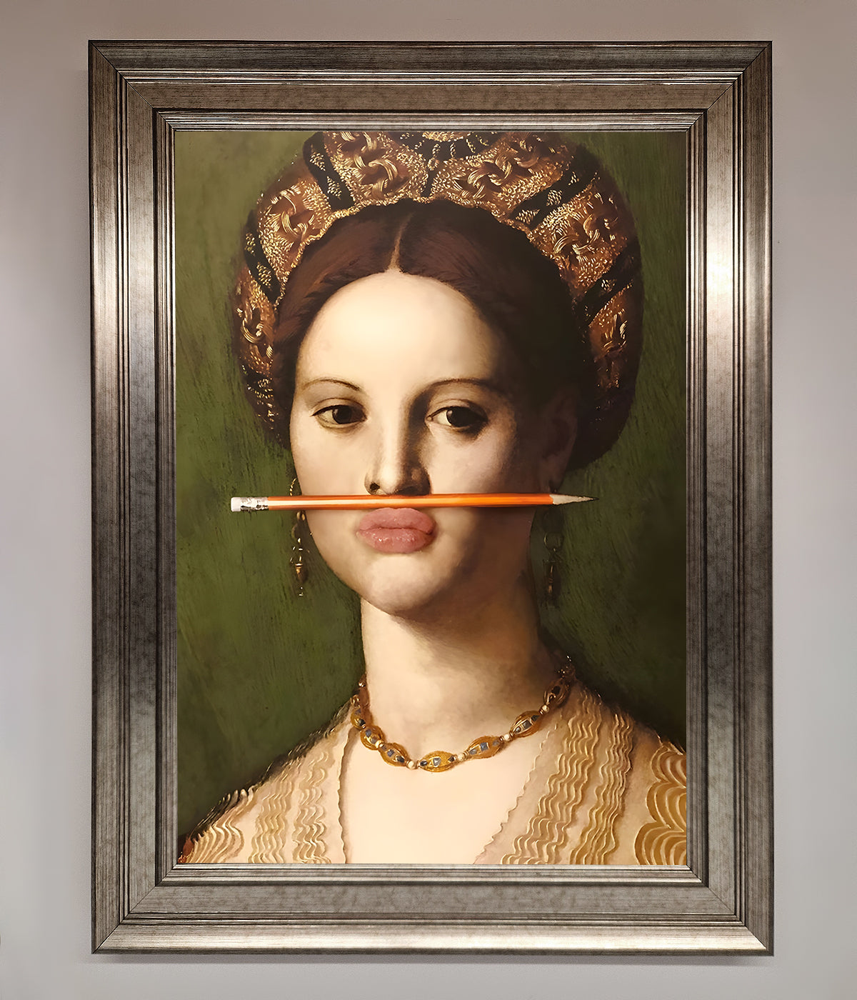 Luxury renaissance pencil on lips framed art print, premium stylish wall decor by Zestio at brixbailey.com