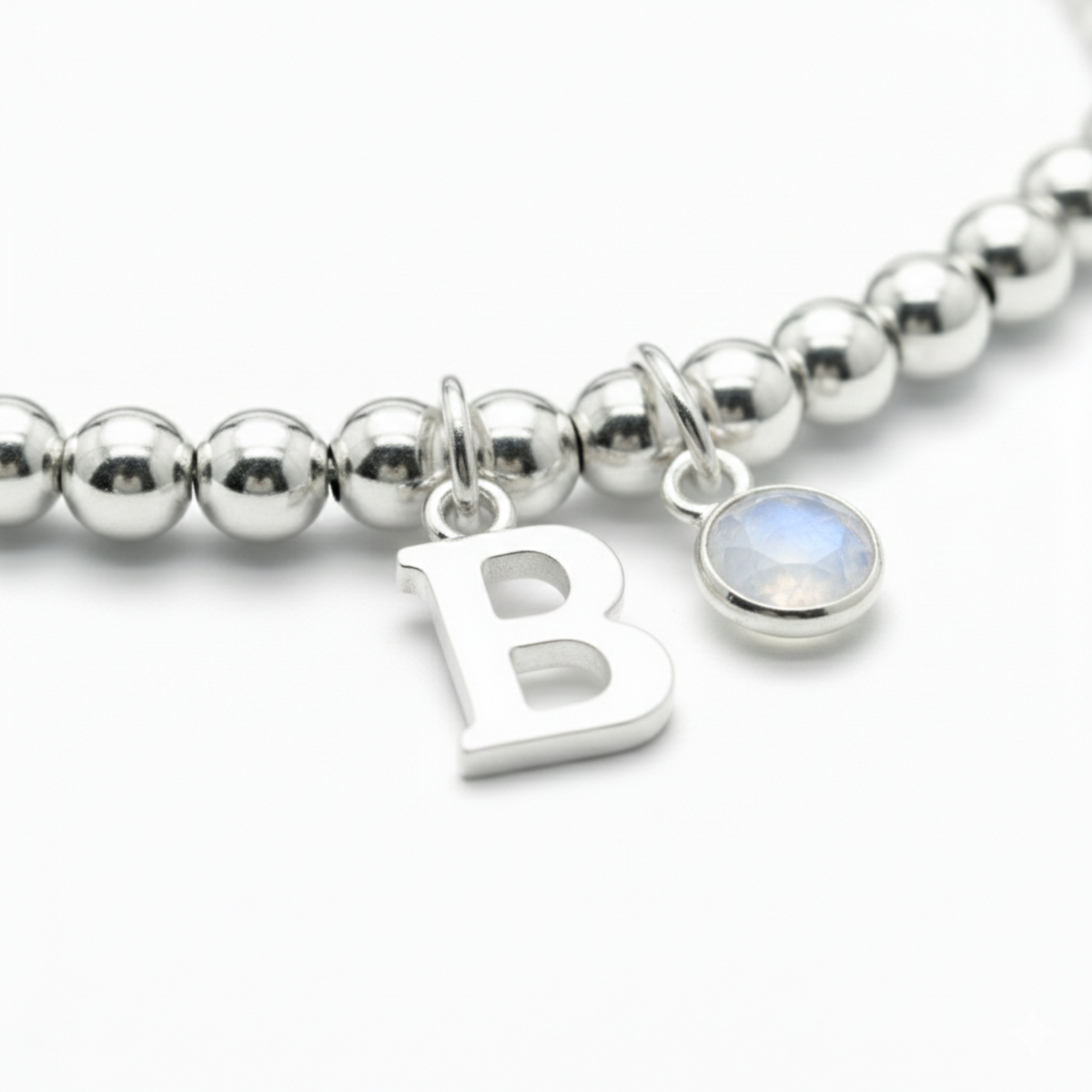 Personalised June Birthstone, Initial Letter &amp; Moonstone Charm Bracelet