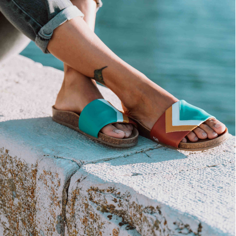 Premium vegan sandals Sunset in turquoise, ocean, white, mustard, terracotta, comfortable straps, soft footbed, slip-resistant sole by Fünve at brixbailey.com