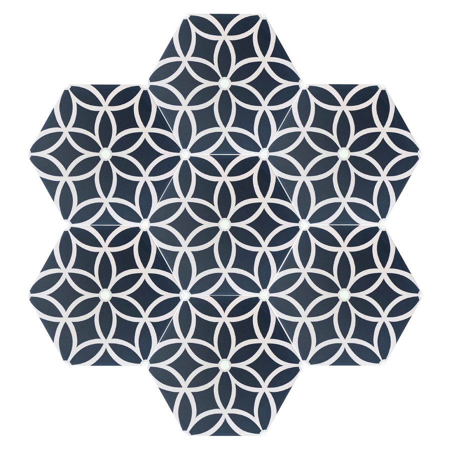 Premium Petal Porcelain Tiles, Luxury Hex Tiles in Pastel, Green, Black, Anti-Slip, Outdoor Use, No Sealing Required by Maria Starling Design at brixbailey.com