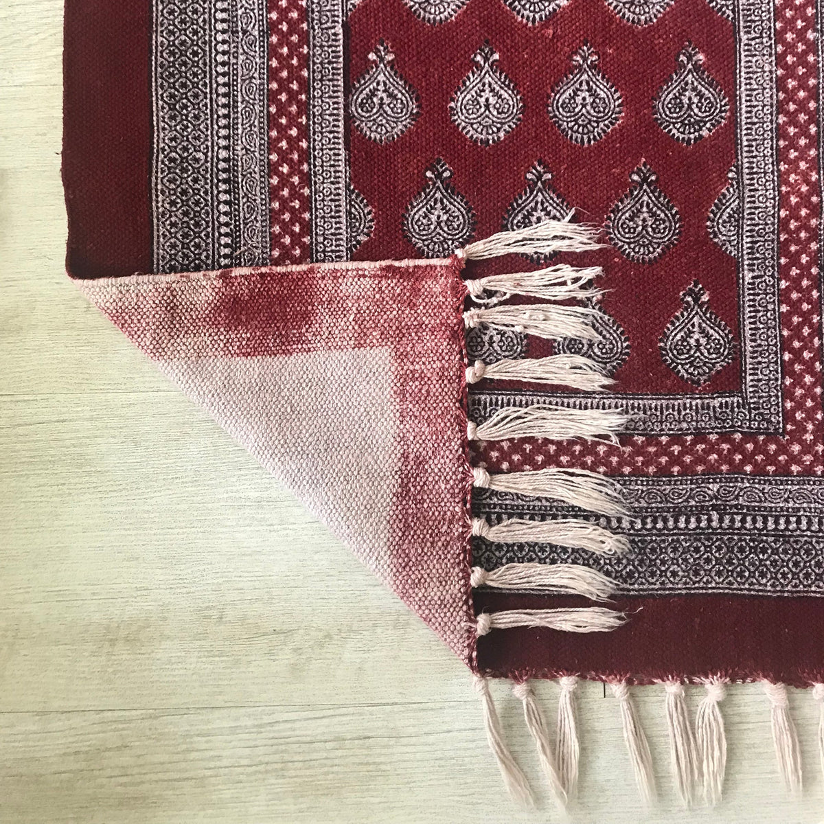Paisley Jaal Hand-block Print Rug - Red White