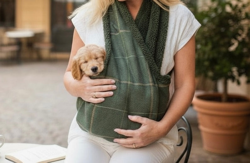Handcrafted, luxury puppy/small dog carrier/sling - Forest Green Check - The Arlo Collection