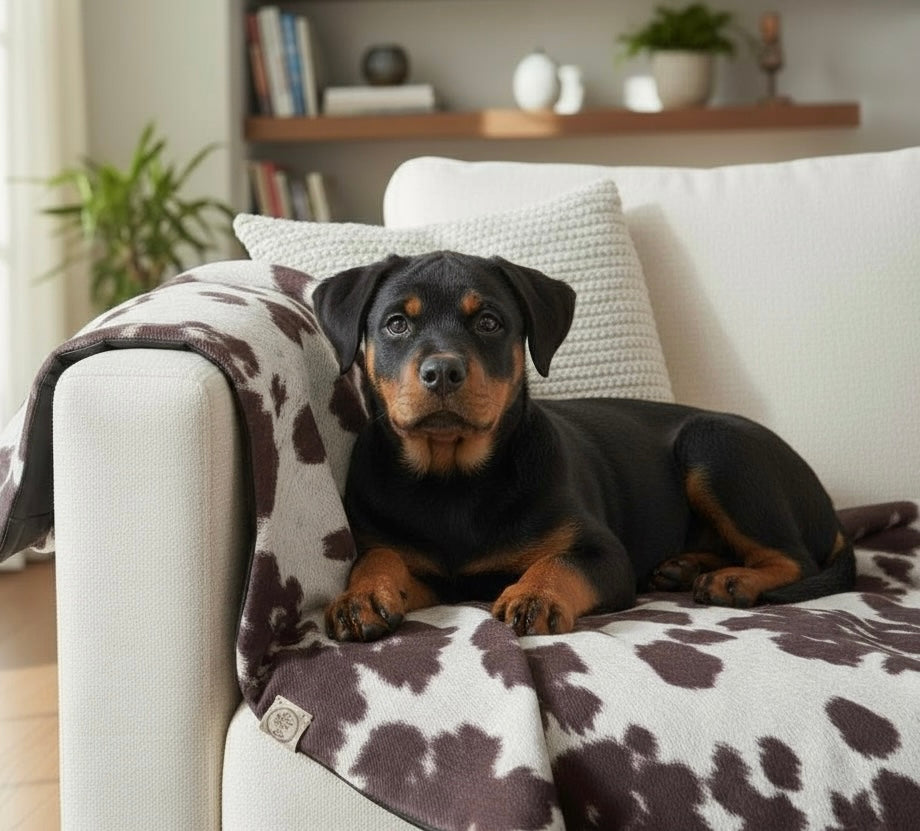 Moody Cow Reversible Pet Blanket | Faux Cowhide &amp; Sherpa | Handmade Luxury Throw for Dogs | Protects Furniture UK