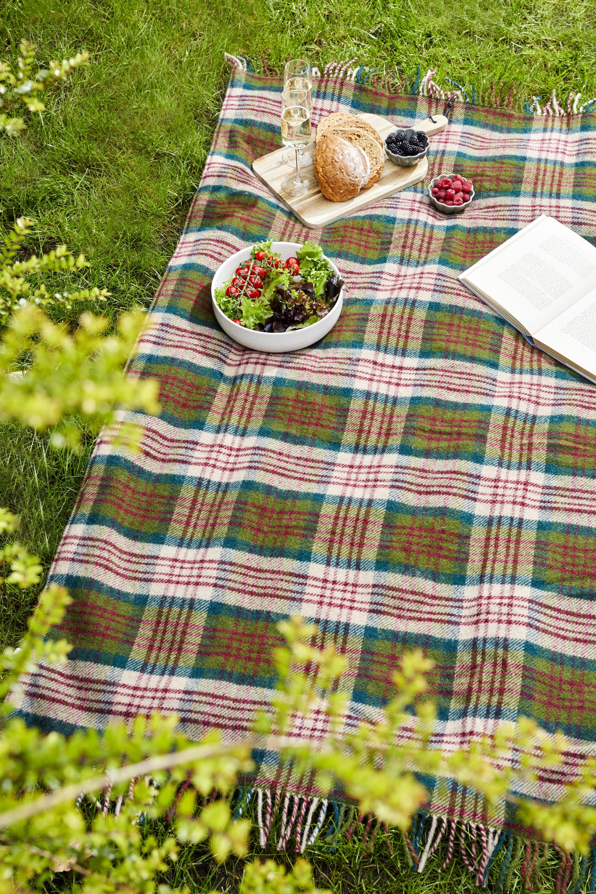 Thistleberry &amp; Wine Picnic Rug Blanket Tartan Checked Burgundy/Claret with Leather Carry Strap