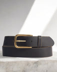 Aria - Brown Leather Dress Belt with Elongated Gold Buckle - Made in Canada