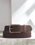 Aria - Brown Leather Dress Belt with Elongated Gold Buckle - Made in Canada