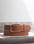 Aria - Brown Leather Dress Belt with Elongated Gold Buckle - Made in Canada