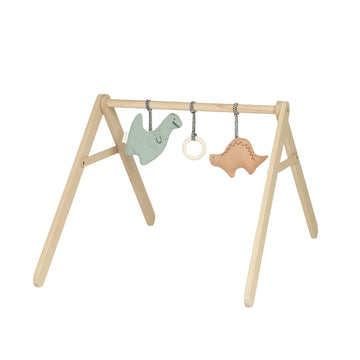 Premium baby gym with dino toys, organic cotton sensory play arch for newborns to 18 months, handcrafted beechwood structure, trending Montessori activity gym by Ella James at brixbailey.com