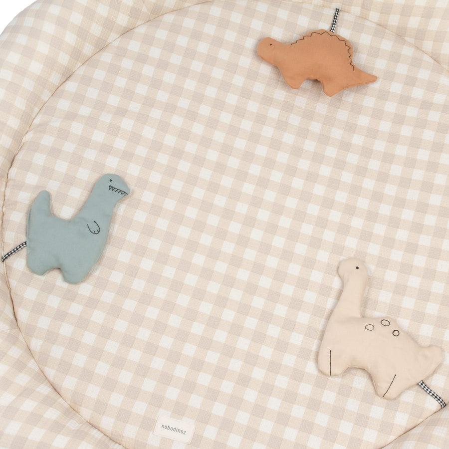 Premium baby gym with dino toys, organic cotton sensory play mat, beechwood activity arch, hand-dyed fabrics, newborn to 18 months by Ella James at brixbailey.com