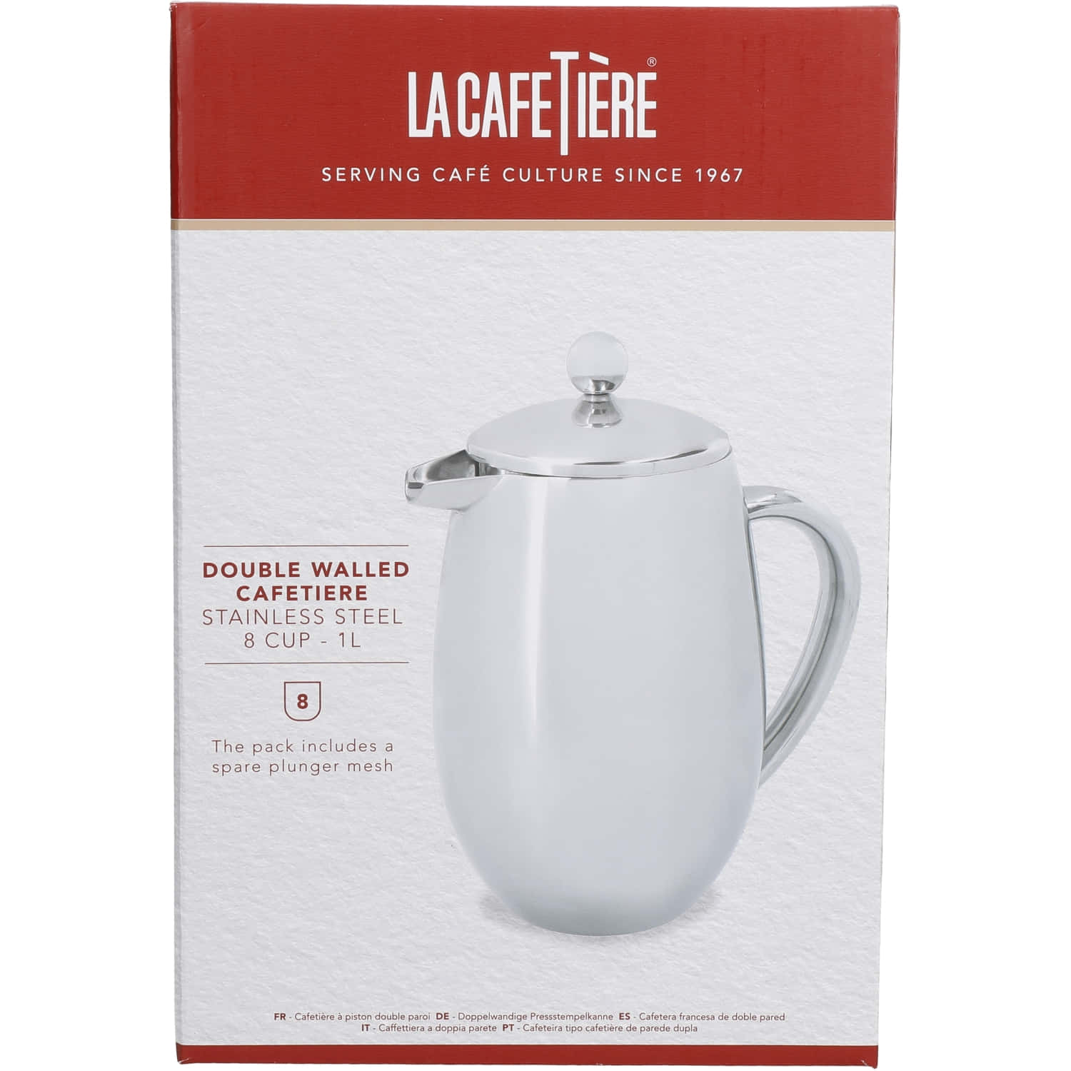 Silver Double Wall Insulated Eight Cup Coffee Maker 1 Liter