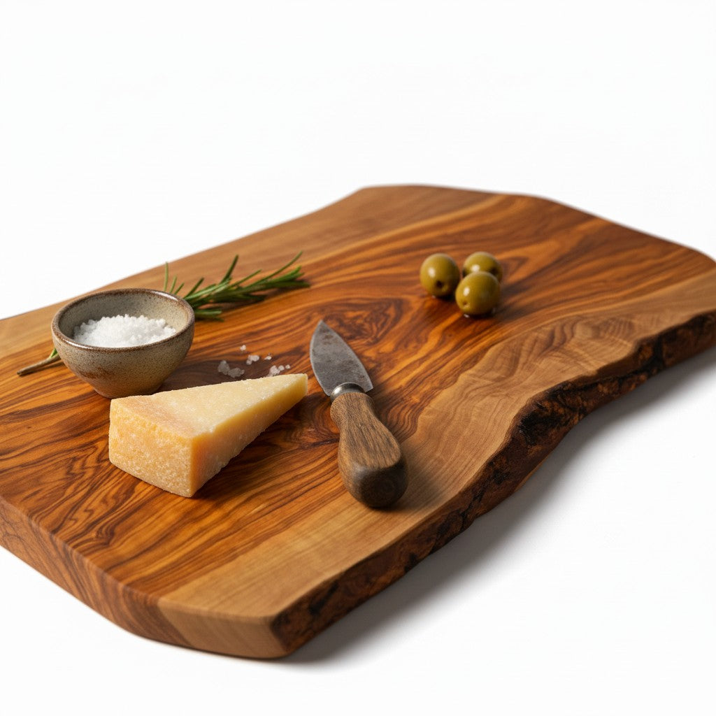 Handmade Olive Wood Live Edge Cutting Board — Rustic Charcuterie &amp; Serving Board | Natural Bark Edge | Choose Your Size
