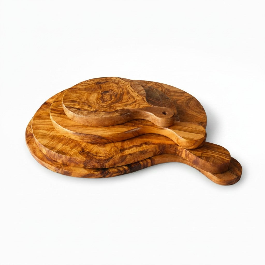 Handmade Olive Wood Round Pizza Board with Handle | Wooden Pizza Serving Paddle &amp; Cheese Board | Natural Grain | 18–35 cm