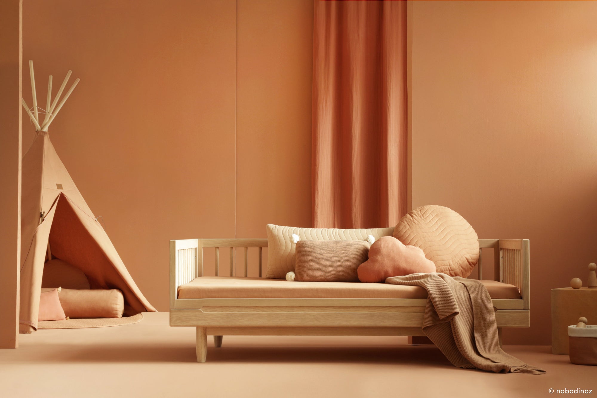 Luxury Nobodinoz solid oakwood junior bed, premium handcrafted low-level transition bed with adjustable heights, elegant matte finish, timeless design by Ella James at brixbailey.com
