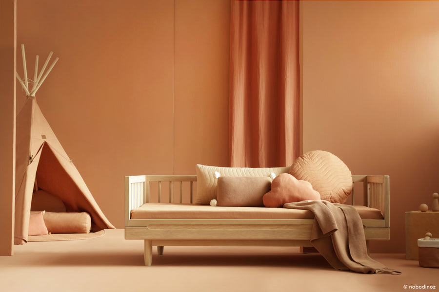 Luxury Nobodinoz solid oakwood junior bed, premium handcrafted low-level transition bed with adjustable heights, elegant matte finish, timeless design by Ella James at brixbailey.com