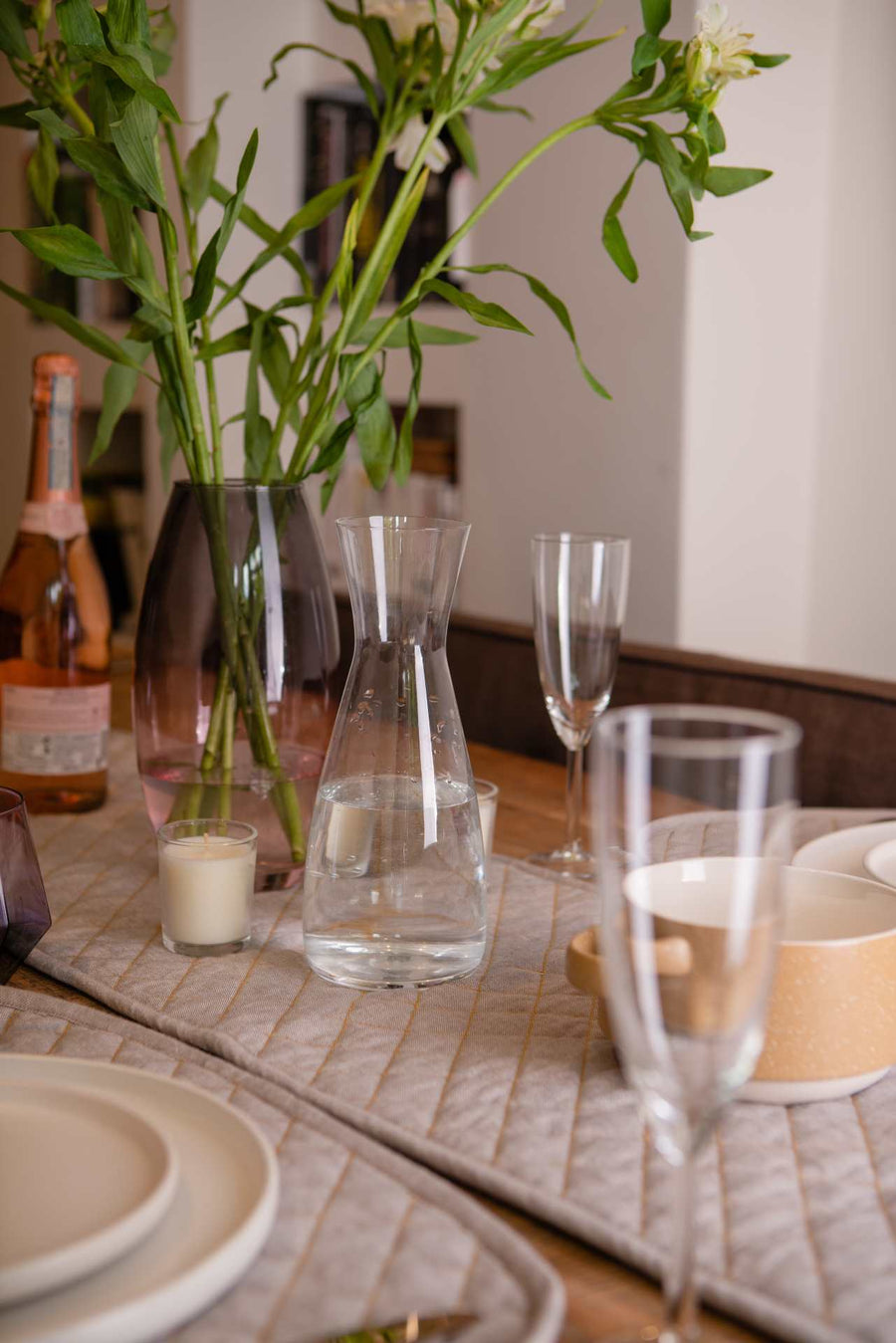 Premium organic cotton quilted table runner pair, stylish chambray weave, luxury dining decor, best-selling modern table setting by Karpāsa London at brixbailey.com