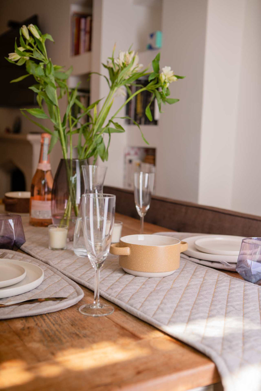 Luxury organic cotton quilted table runner pair, premium chambray weave, stylish modern dining decor, best-selling black Friday deal by Karpāsa London at brixbailey.com