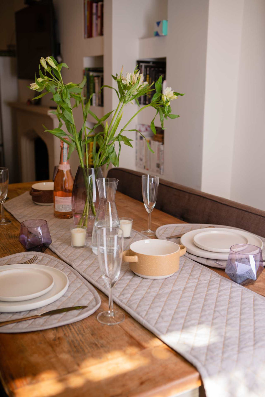 Luxury organic cotton quilted table runner pair, premium chambray weave, stylish modern dining decor, best-selling Black Friday deal by Karpāsa London at brixbailey.com