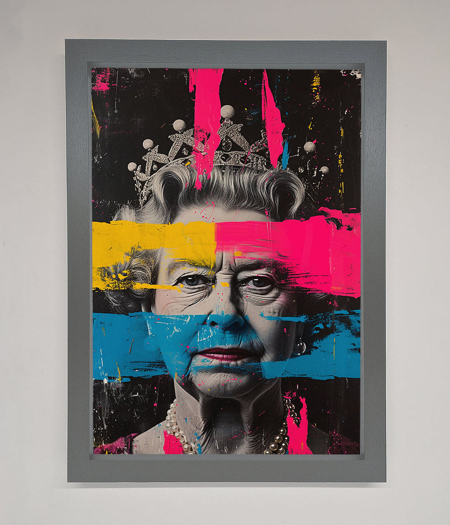 Luxury Queen Elizabeth paint splatter framed wall art, premium vibrant royal decor, stylish modern masterpiece, trending best-selling home accent by Zestio at brixbailey.com