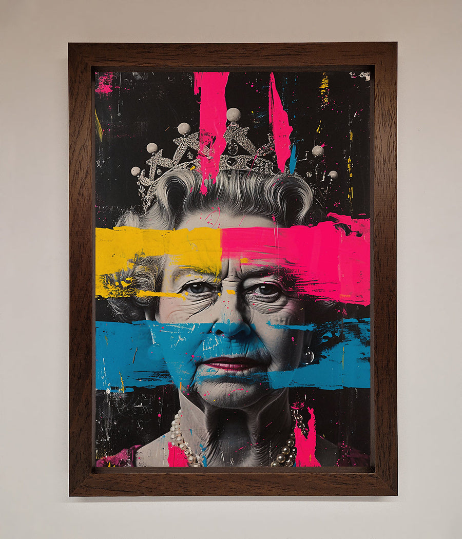 Luxury Queen Elizabeth paint splatter framed wall art, premium vibrant royal decor, stylish modern masterpiece by Zestio at brixbailey.com
