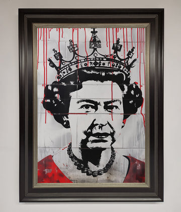 Luxury Queen Elizabeth Graffiti Red Blood Framed Poster, stylish royal street art decor, premium framed artwork for modern spaces by Zestio at brixbailey.com