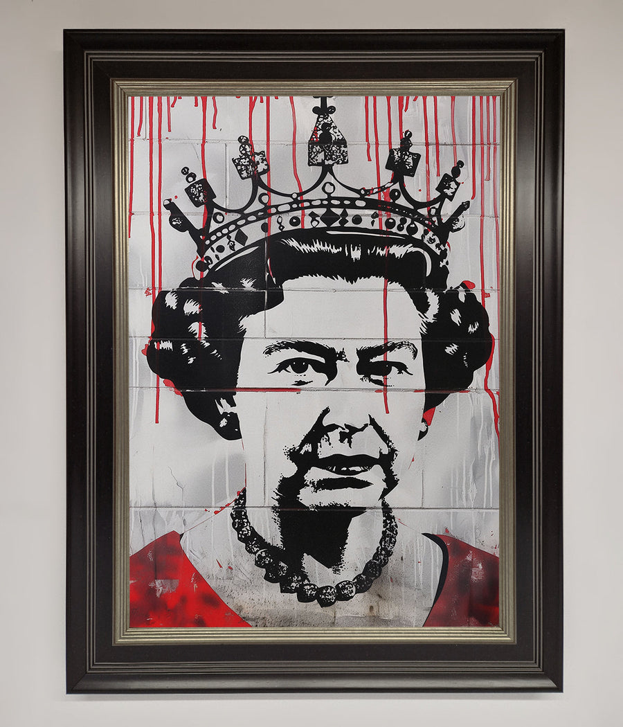 Luxury Queen Elizabeth Graffiti Red Blood Framed Poster, stylish royal street art decor, premium framed artwork for modern spaces by Zestio at brixbailey.com