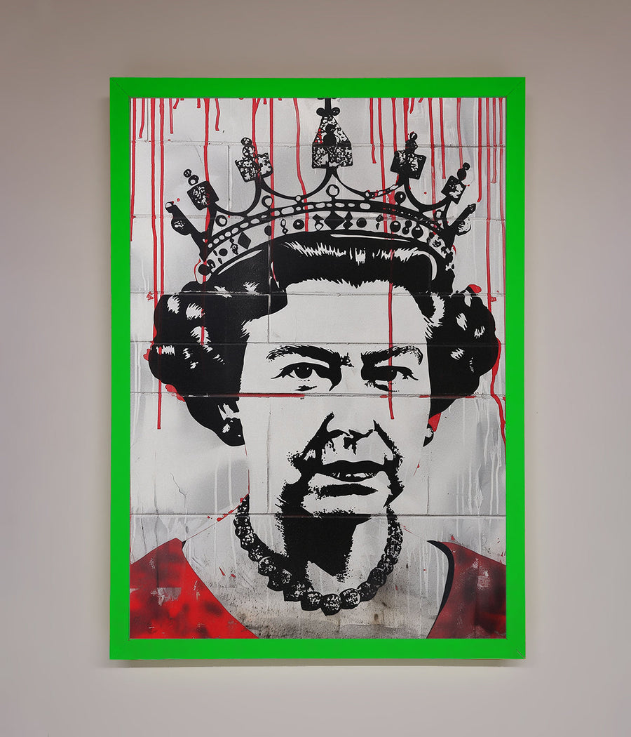 Luxury Queen Elizabeth Graffiti Red Blood Framed Poster, stylish royal street art decor, premium framed wall art by Zestio at brixbailey.com