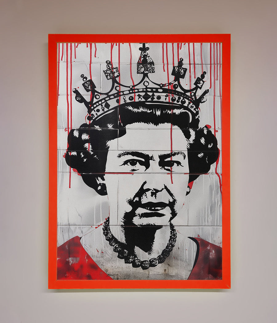 Luxury Queen Elizabeth Graffiti Red Blood Framed Poster, stylish royal street art decor, premium framed wall art by Zestio at brixbailey.com