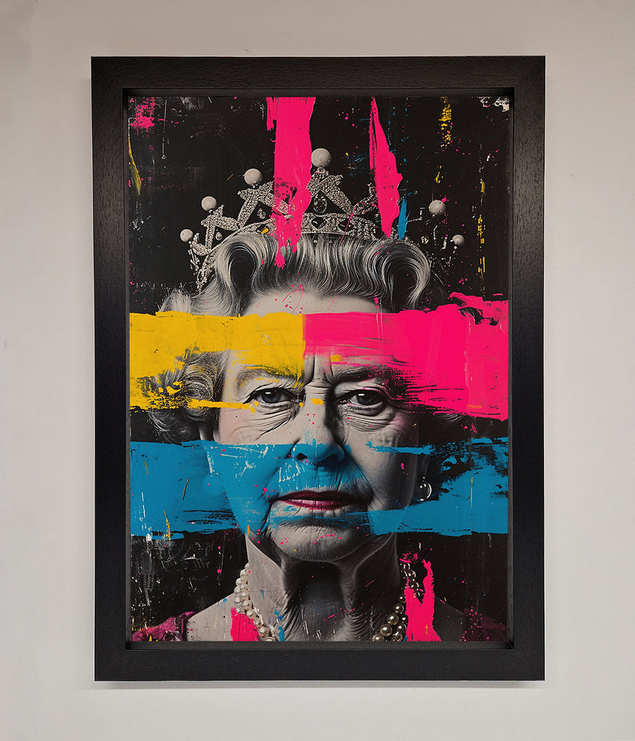 Luxury Queen Elizabeth paint splatter framed wall art, premium royal decor, stylish modern masterpiece, trending best-selling home art by Zestio at brixbailey.com