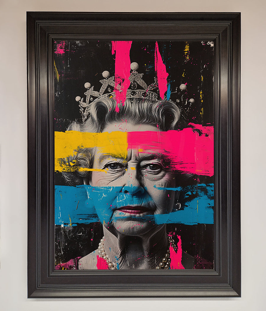 Luxury Queen Elizabeth paint splatter framed wall art, premium vibrant royal decor, stylish modern masterpiece, best-selling regal home accent by Zestio at brixbailey.com