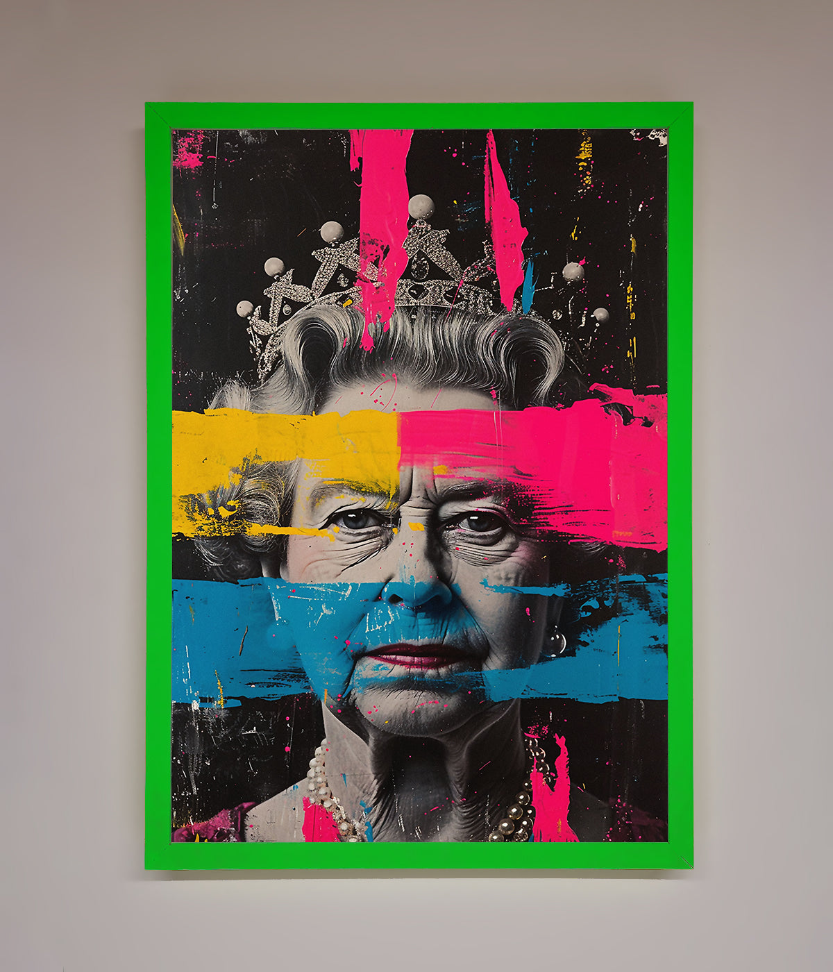 Luxury Queen Elizabeth paint splatter framed wall art, stylish modern royal decor, premium handcrafted masterpiece, trending best-selling vibrant artwork by Zestio at brixbailey.com