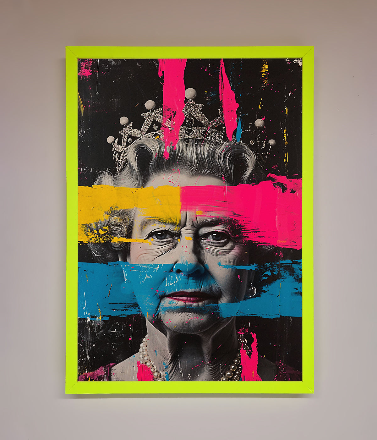 Premium Queen Elizabeth Paint Splatter Framed Wall Art, Vibrant Royal Tribute, Modern Classic Decor, Stylish Home Artwork by Zestio at brixbailey.com