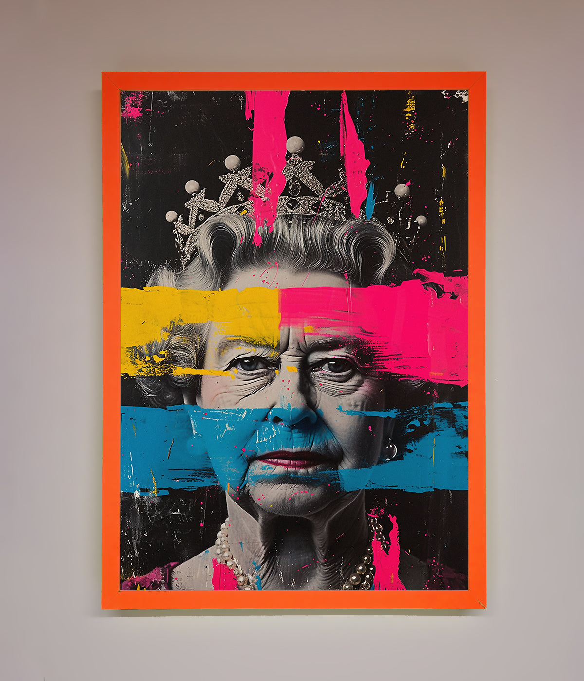 Luxury Queen Elizabeth paint splatter framed wall art, premium vibrant royal decor, stylish modern masterpiece by Zestio at brixbailey.com