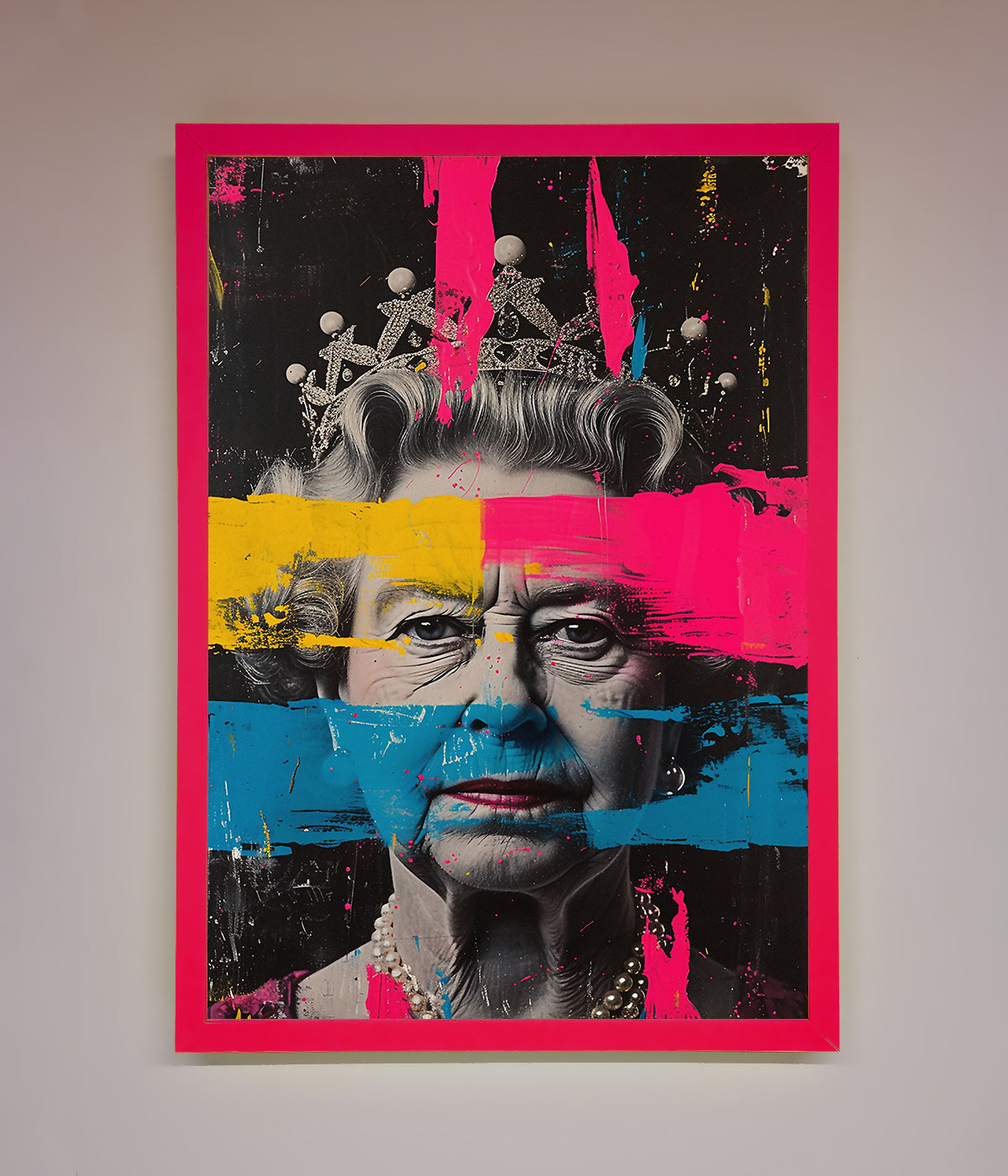 Luxury Queen Elizabeth paint splatter framed wall art, premium vibrant royal decor, stylish modern masterpiece, trending best-selling home accent by Zestio at brixbailey.com