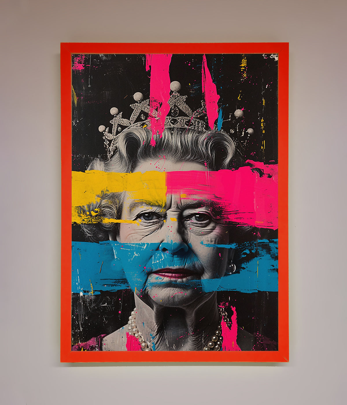 Luxury Queen Elizabeth paint splatter framed wall art, stylish modern royal decor, premium vibrant home artwork by Zestio at brixbailey.com