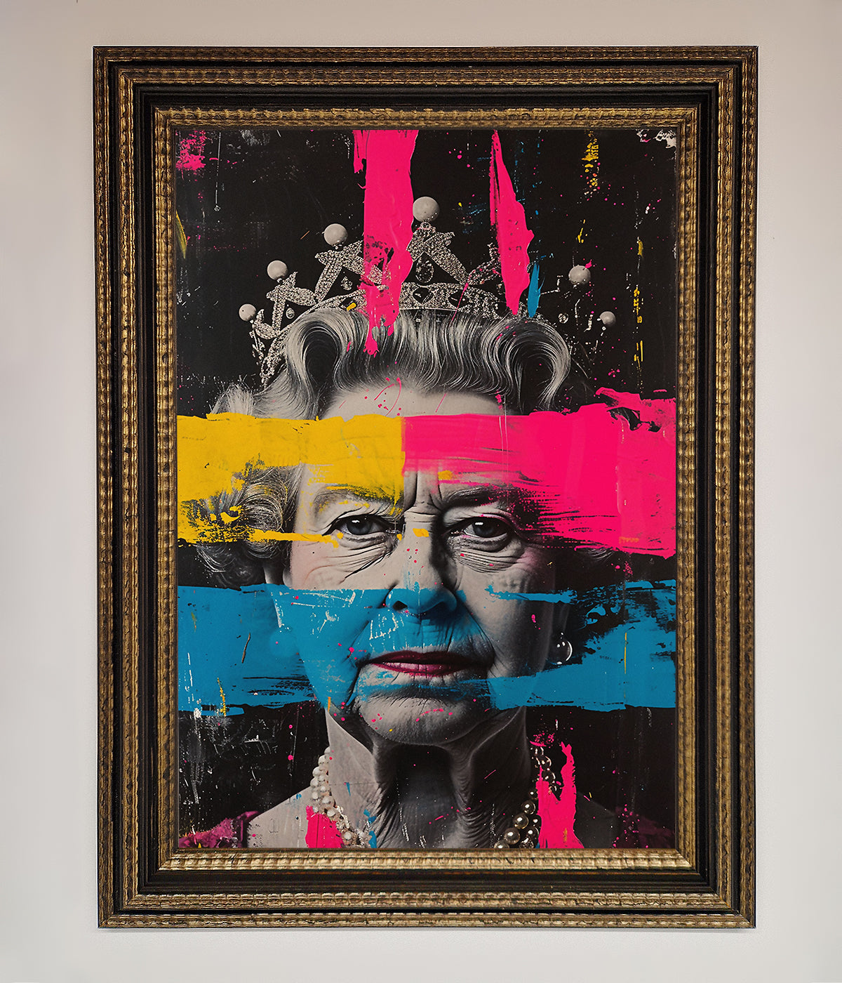 Luxury Queen Elizabeth paint splatter framed wall art, premium vibrant royal decor, stylish modern masterpiece, trending best-selling home accent by Zestio at brixbailey.com