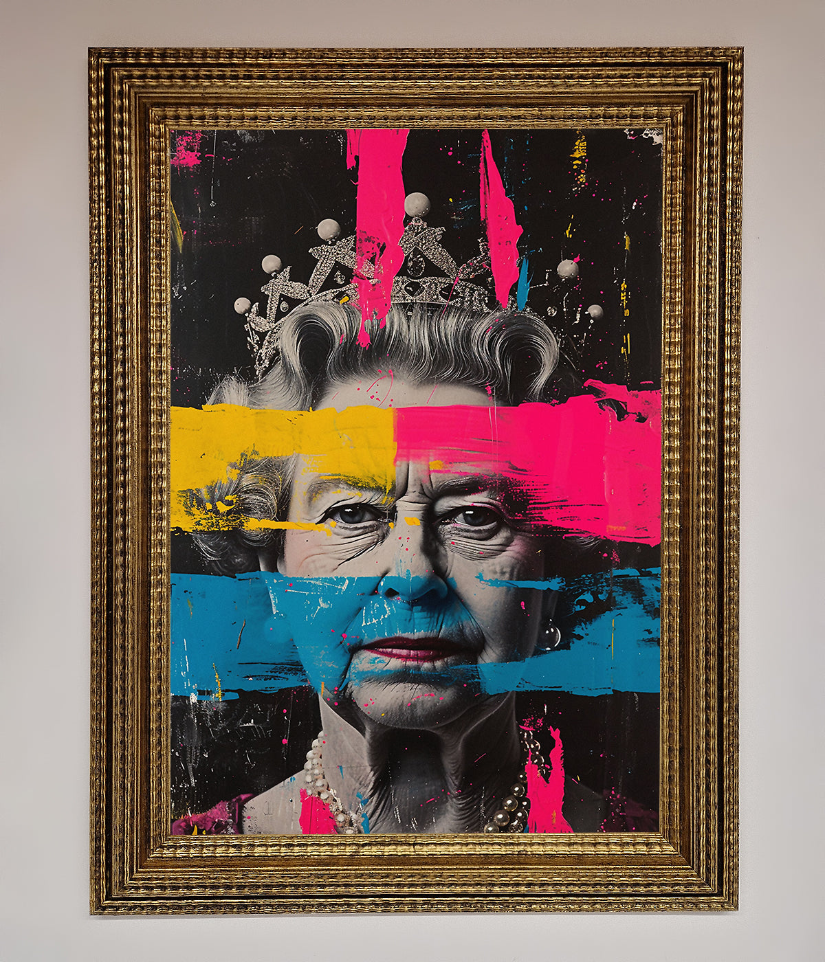 Luxury Queen Elizabeth paint splatter framed wall art, premium vibrant royal decor, stylish modern masterpiece, trending best-selling home accent by Zestio at brixbailey.com