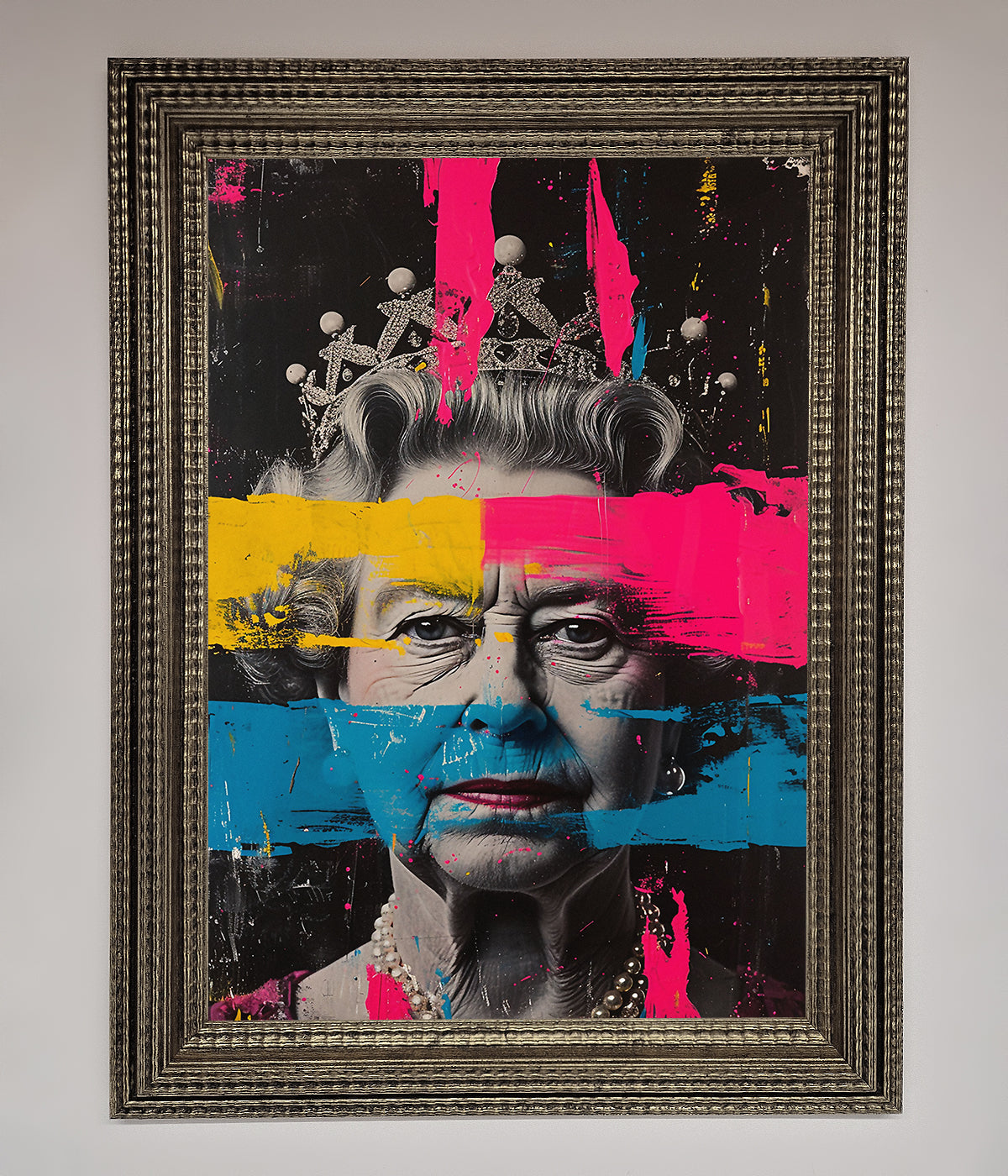 Luxury Queen Elizabeth paint splatter framed wall art, stylish modern royal decor, vibrant elegant masterpiece for home by Zestio at brixbailey.com