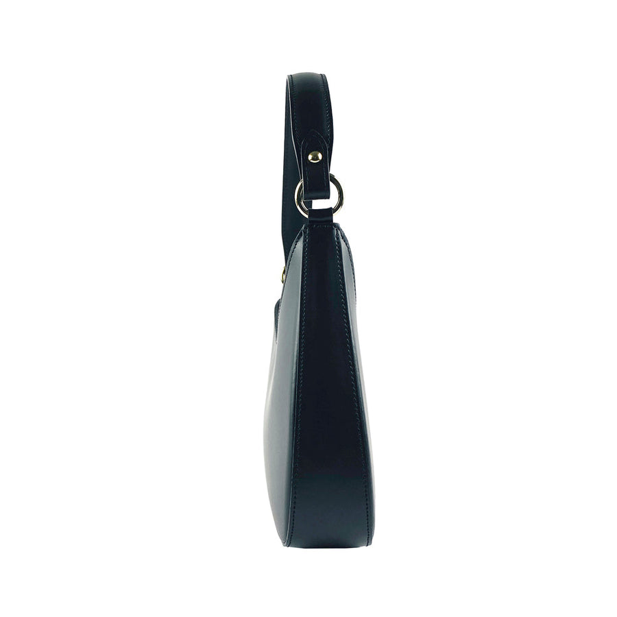 RB1013A | Borsa Donna a spalla e Tracolla removibili in Vera Pelle Made in Italy. Attacchi con moschettoni in metallo Oro Lucido - Colore Nero - Dimensioni: cm 28 x 6 x 25 + 12 (manico)