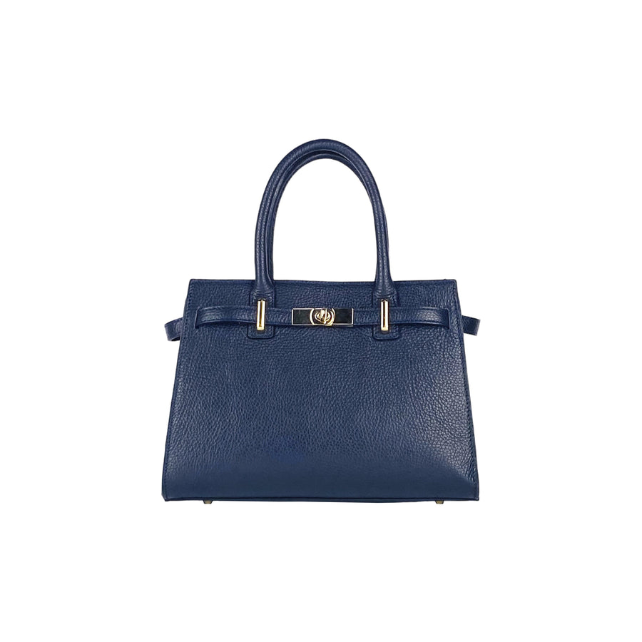 RB1016D | Borsa Donna a Mano in Vera Pelle Made in Italy con tracolla removibile. Attacchi con moschettoni in metallo Oro Lucido - Colore Blu - Dimensioni: cm 28 x 20 x 14 + 12,5