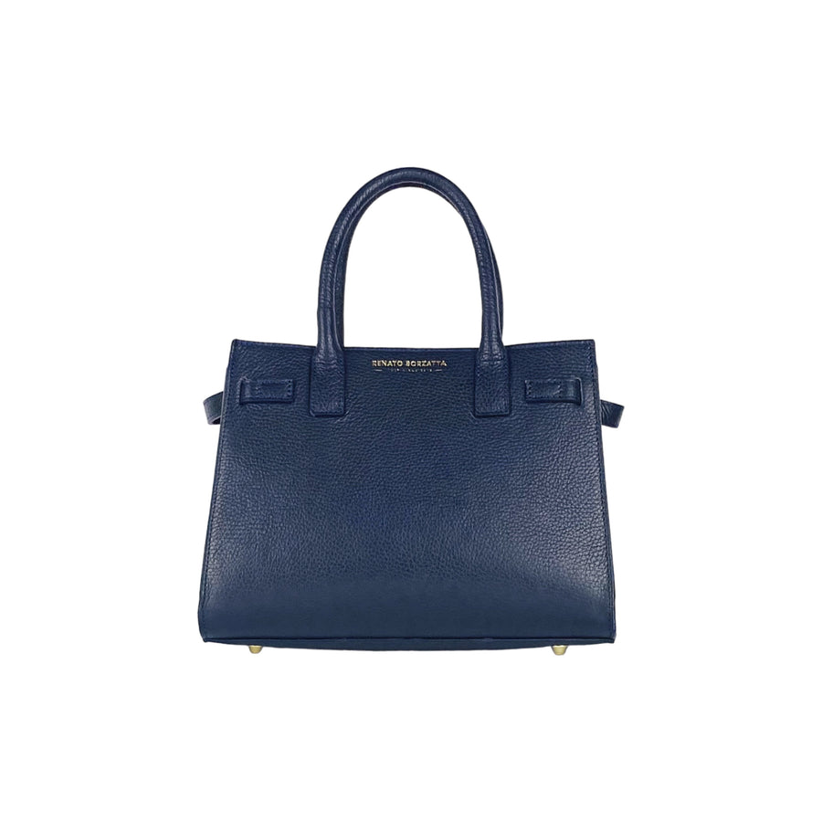 RB1016D | Borsa Donna a Mano in Vera Pelle Made in Italy con tracolla removibile. Attacchi con moschettoni in metallo Oro Lucido - Colore Blu - Dimensioni: cm 28 x 20 x 14 + 12,5
