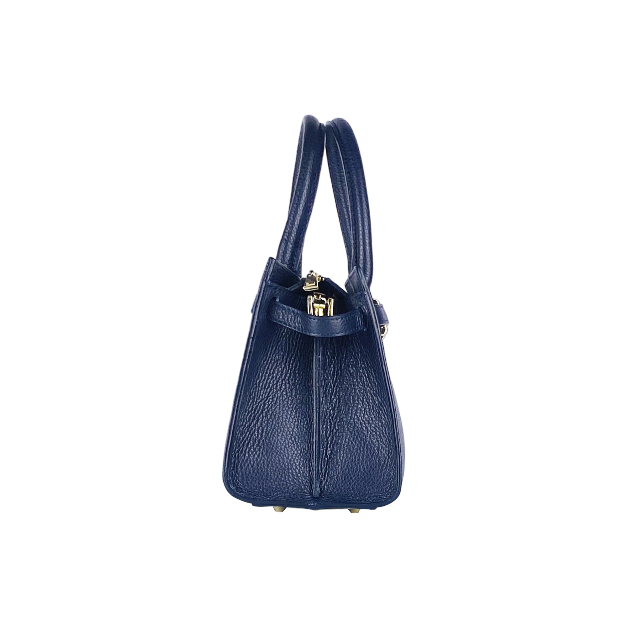 RB1016D | Borsa Donna a Mano in Vera Pelle Made in Italy con tracolla removibile. Attacchi con moschettoni in metallo Oro Lucido - Colore Blu - Dimensioni: cm 28 x 20 x 14 + 12,5