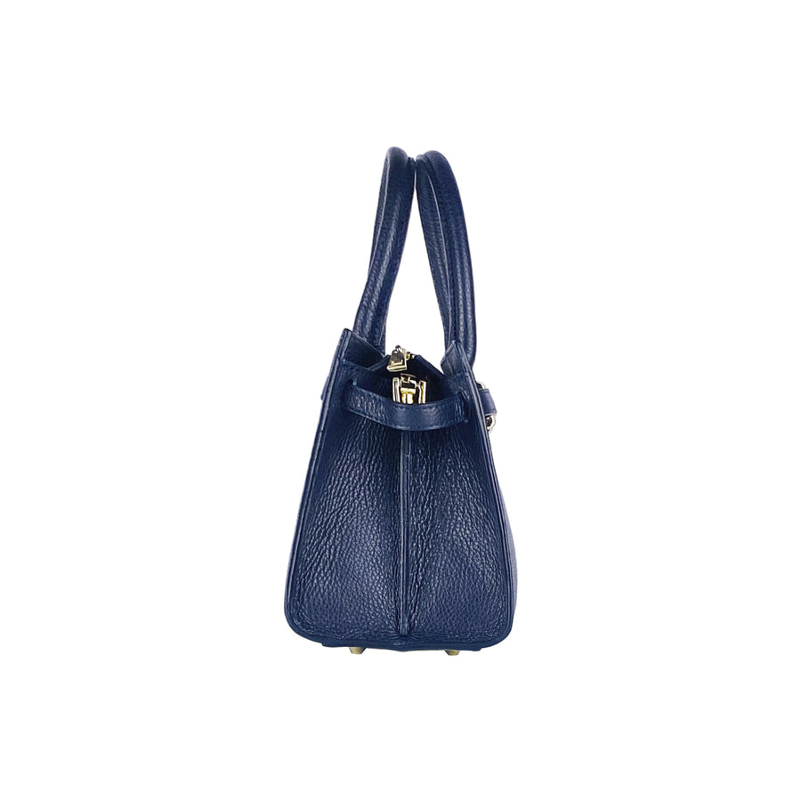 RB1016D | Borsa Donna a Mano in Vera Pelle Made in Italy con tracolla removibile. Attacchi con moschettoni in metallo Oro Lucido - Colore Blu - Dimensioni: cm 28 x 20 x 14 + 12,5