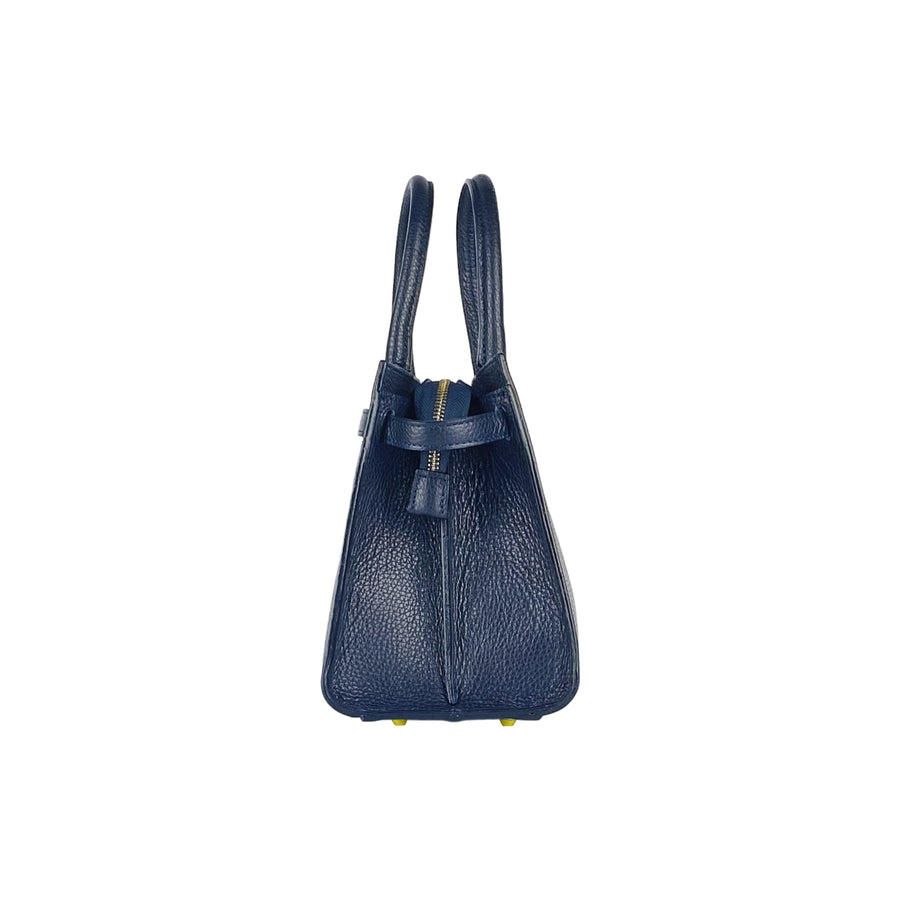 RB1016D | Borsa Donna a Mano in Vera Pelle Made in Italy con tracolla removibile. Attacchi con moschettoni in metallo Oro Lucido - Colore Blu - Dimensioni: cm 28 x 20 x 14 + 12,5